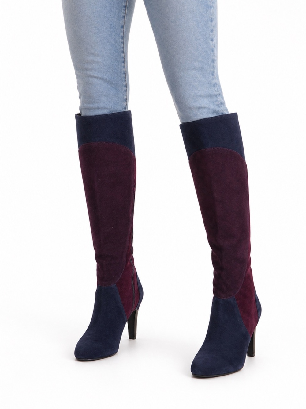 IMPO Stretch “Page” Knee High Suede Colorblock Boots - Navy & Plum Size 6.5